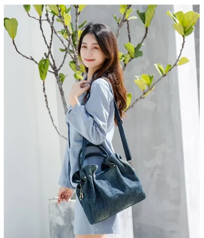 Ruched Denim Shoulder Bag - Image 2