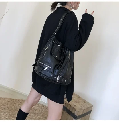 Black Drawstring Shoulder Bag - Image 3