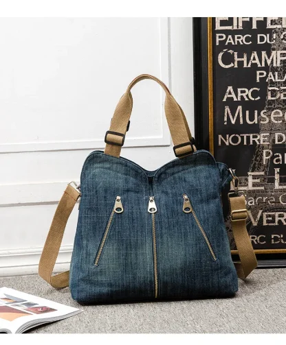 Multi Zipper Denim Shoulder Bags