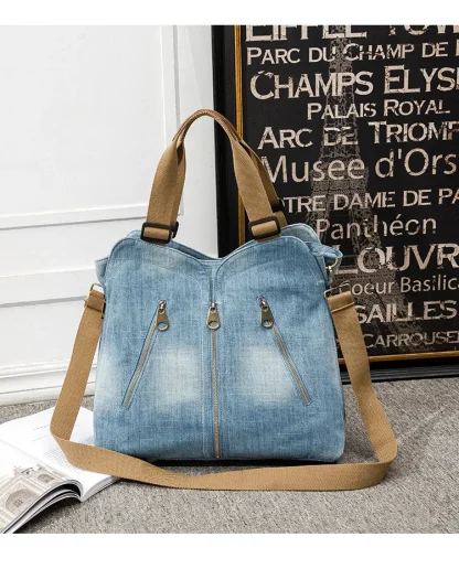 Multi Zipper Denim Shoulder Bags - Image 5