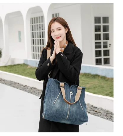 Multi Zipper Denim Shoulder Bags - Image 3