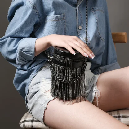 Black Cylinder Tassel Shoulder Bag - Image 3