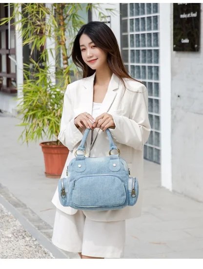 Zippered Denim Shoulder Bag - Image 2